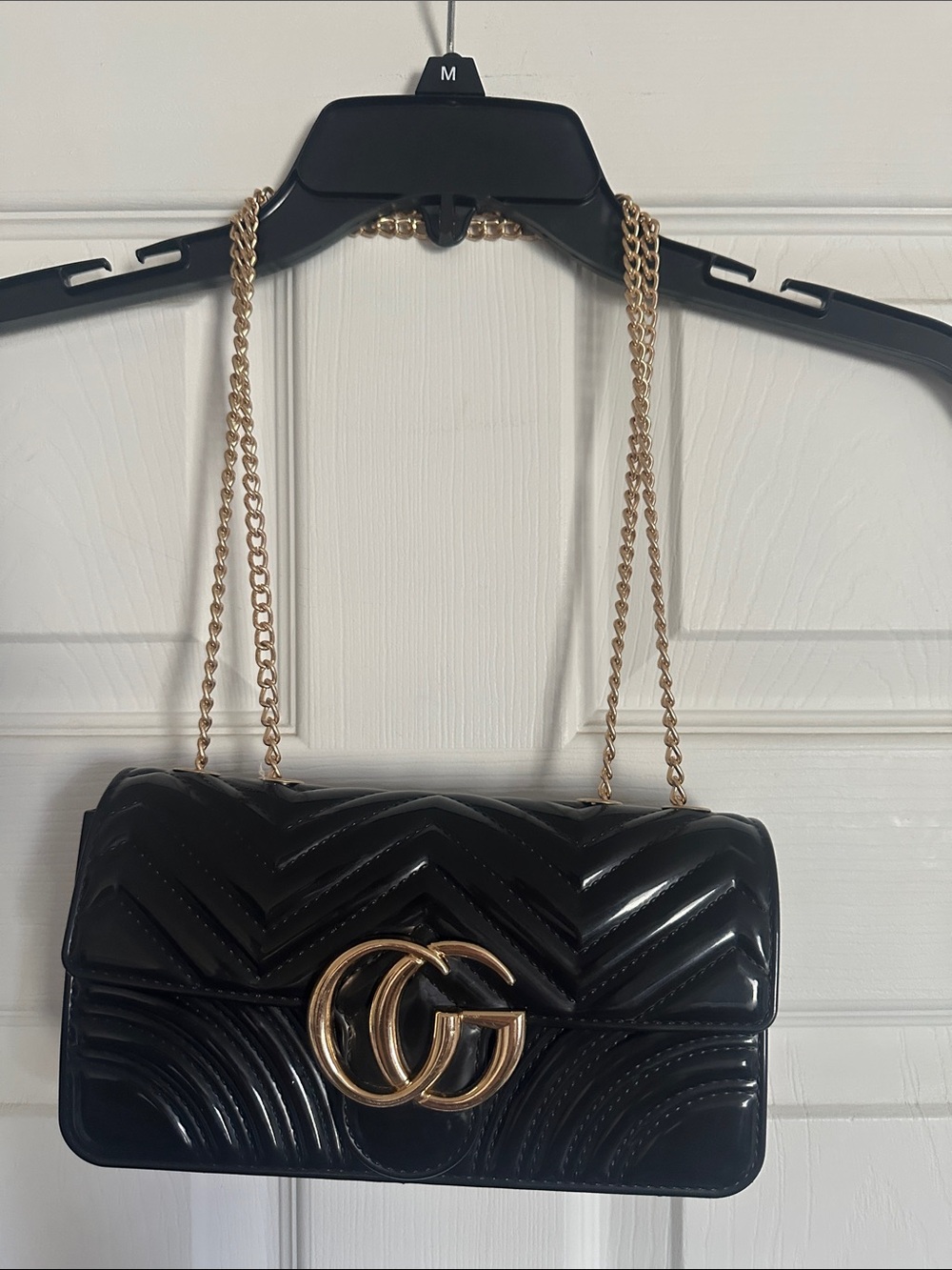 Black Quilted Patent purse Bag with Gold Hardware